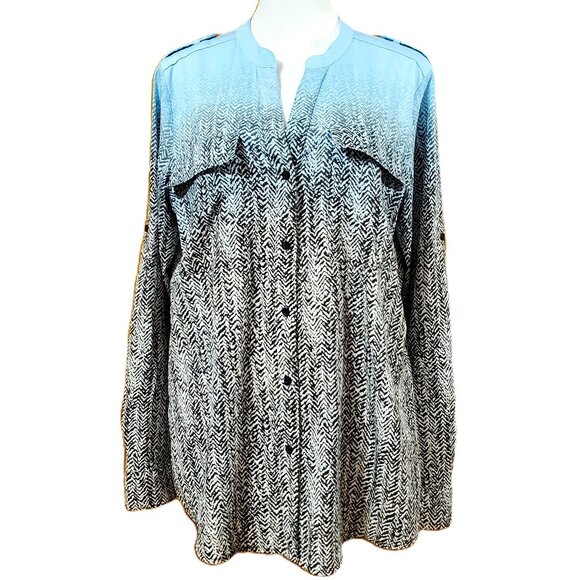 Calvin Klein Blue Black Ombre Chevron Blouse Womens Sz M Epaulets Pockets Career - Picture 1 of 9